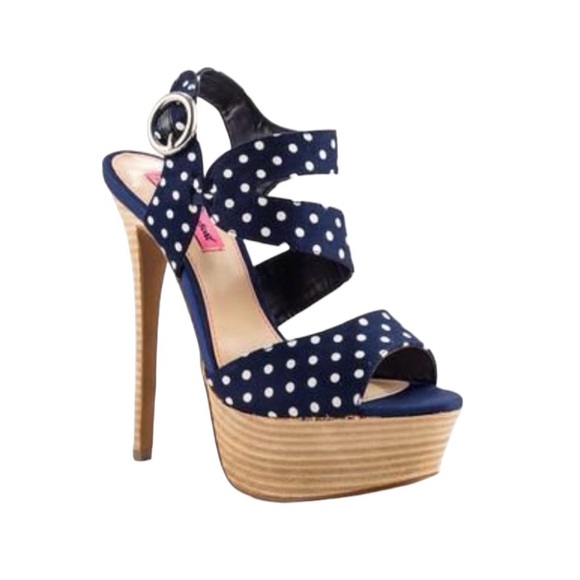 Betsey Johnson Endall Blue & White Polka Dot Printed Platform Heels Sandals - 9 - Picture 1 of 16